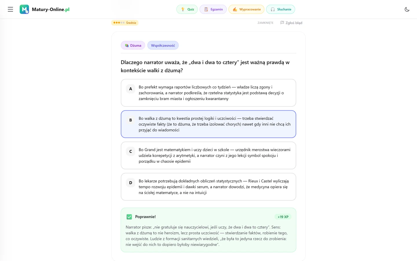 Quiz w Matury Online: pytanie z tematu „Dżuma”