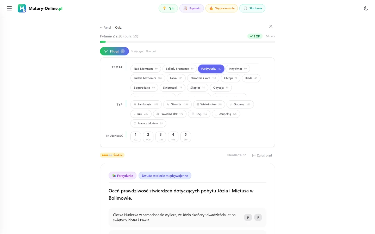 Quiz w Matury Online: panel „Filtruj” z zaznaczonym tematem „Ferdydurke”, pod spodem pytanie z tego tematu