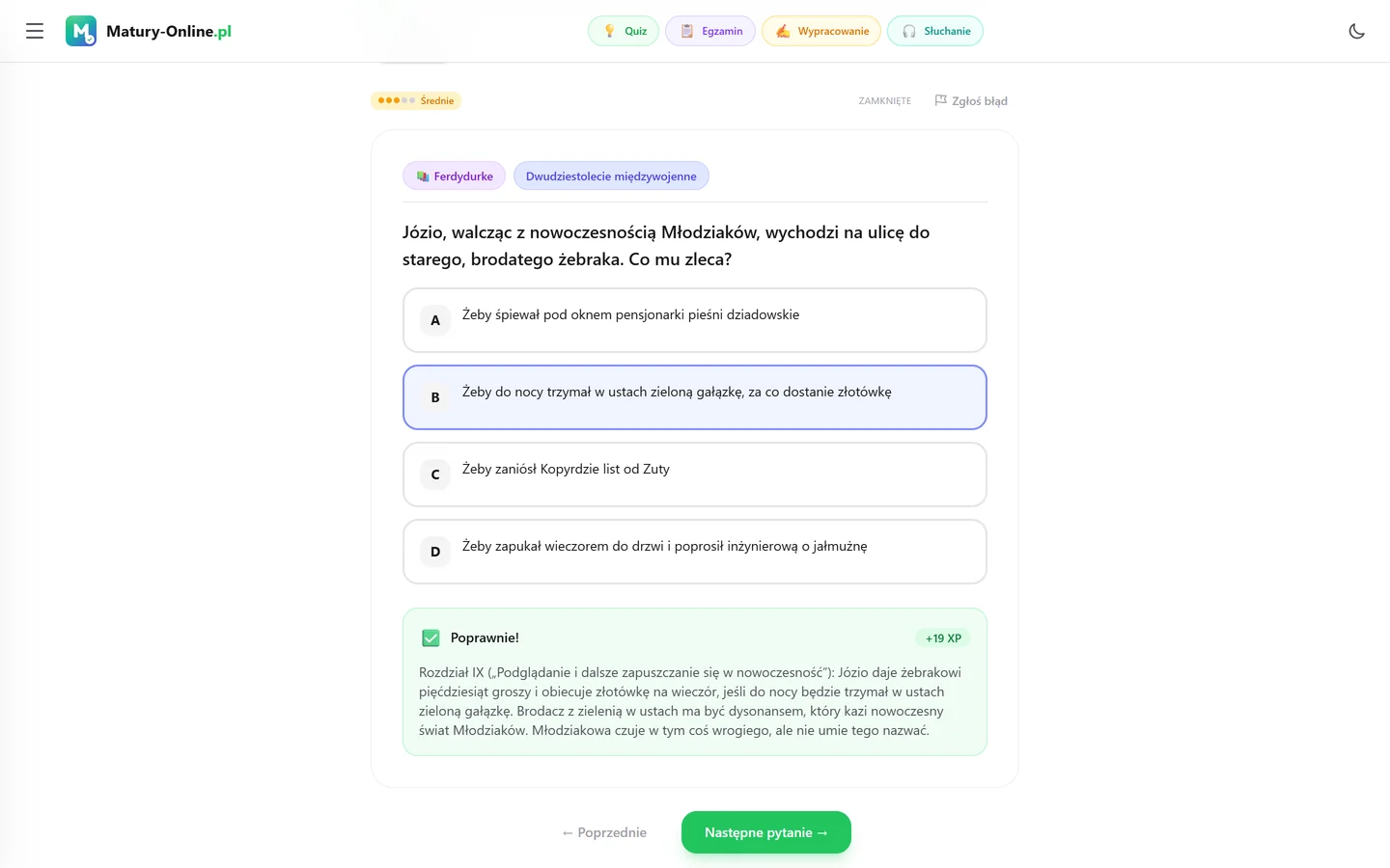 Quiz w Matury Online: pytanie z tematu „Ferdydurke”