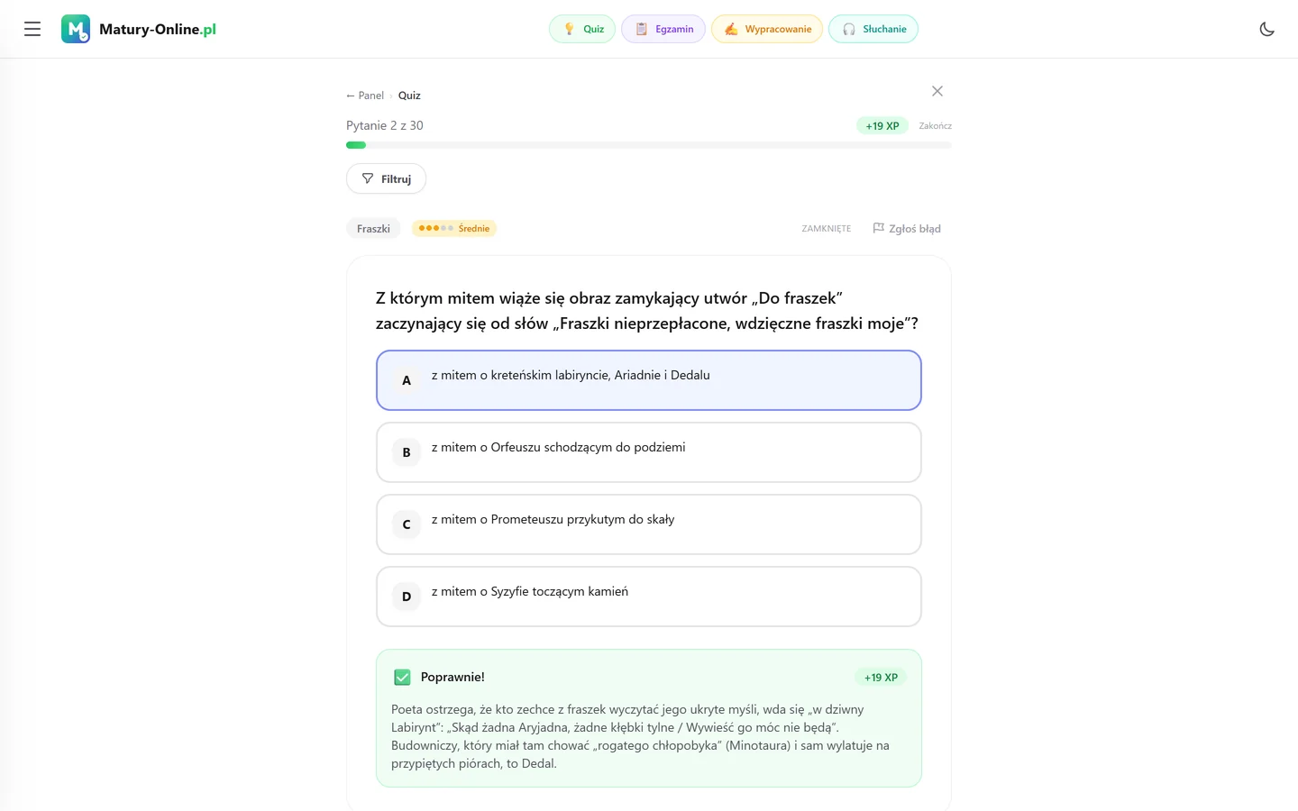 Quiz w Matury Online: pytanie z tematu „Fraszki”