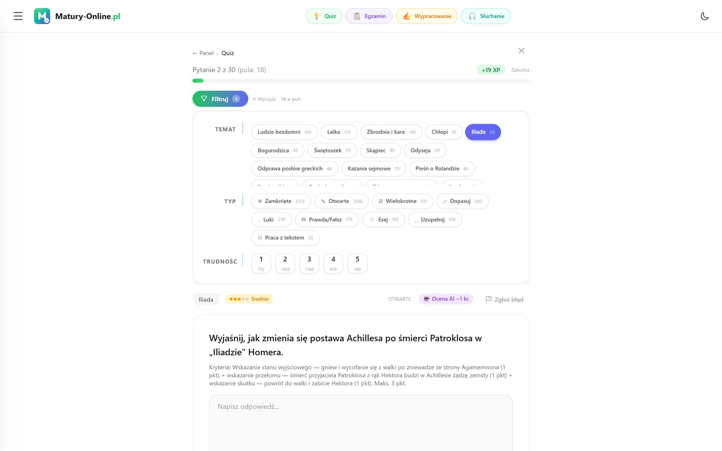 Quiz w Matury Online: panel „Filtruj” z zaznaczonym tematem „Iliada”, pod spodem pytanie z tego tematu