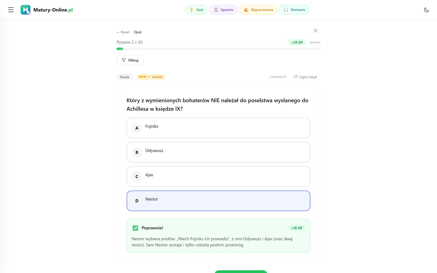 Quiz w Matury Online: pytanie z tematu „Iliada”