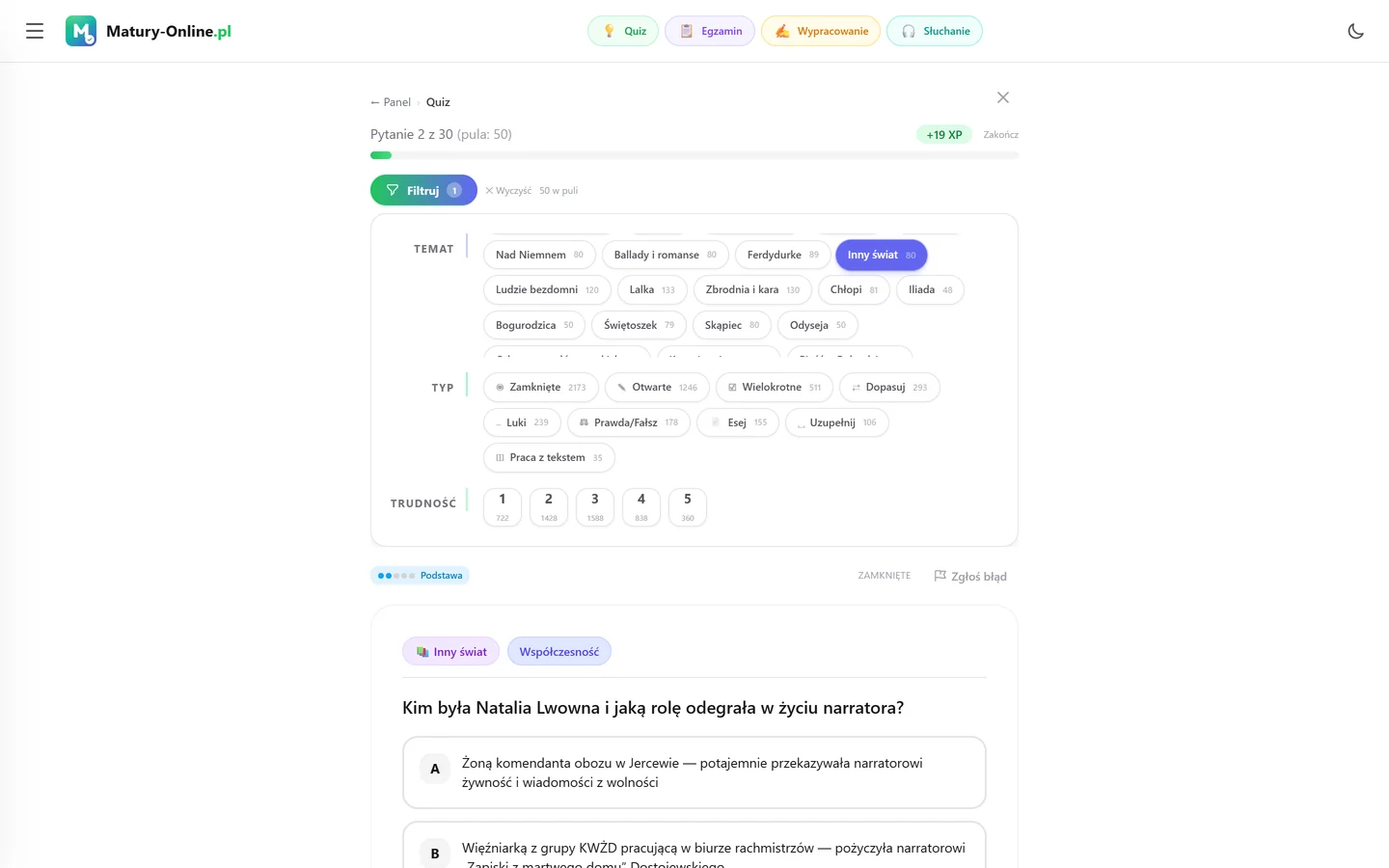 Quiz w Matury Online: panel „Filtruj” z zaznaczonym tematem „Inny świat”, pod spodem pytanie z tego tematu