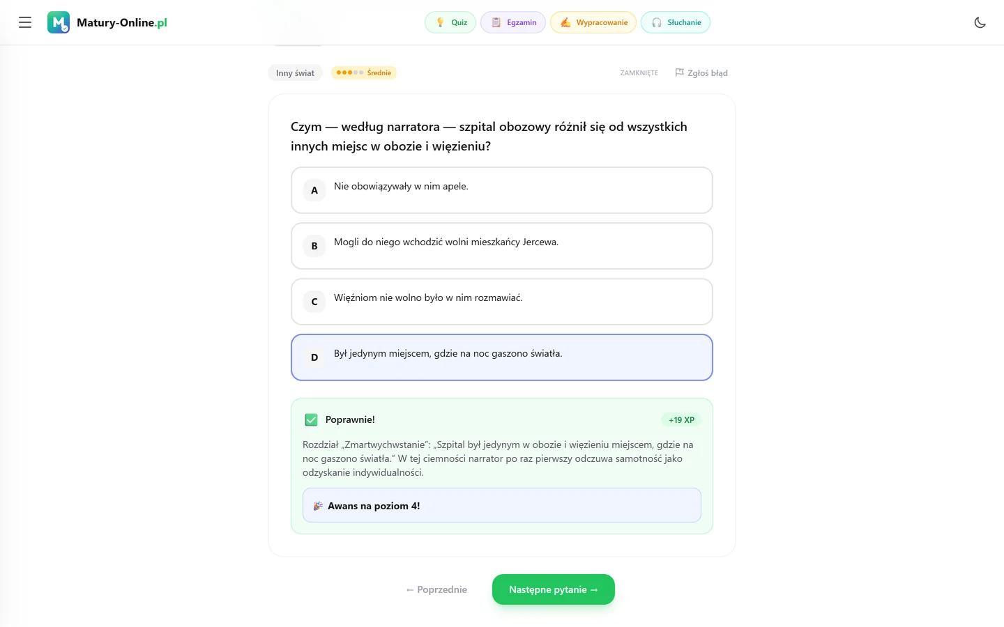 Quiz w Matury Online: pytanie z tematu „Inny świat”
