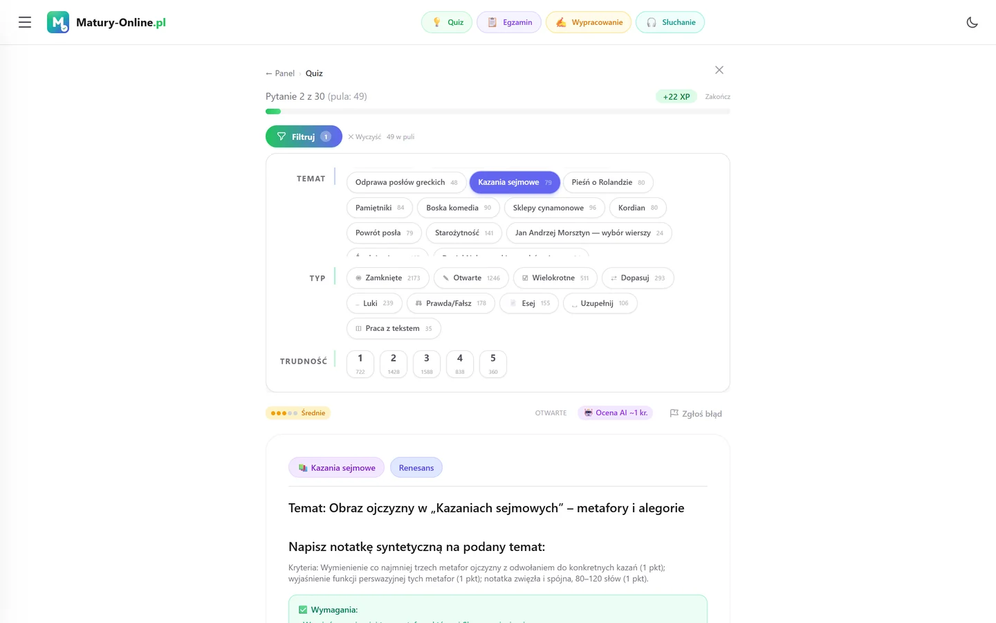 Quiz w Matury Online: panel „Filtruj” z zaznaczonym tematem „Kazania sejmowe”, pod spodem pytanie z tego tematu