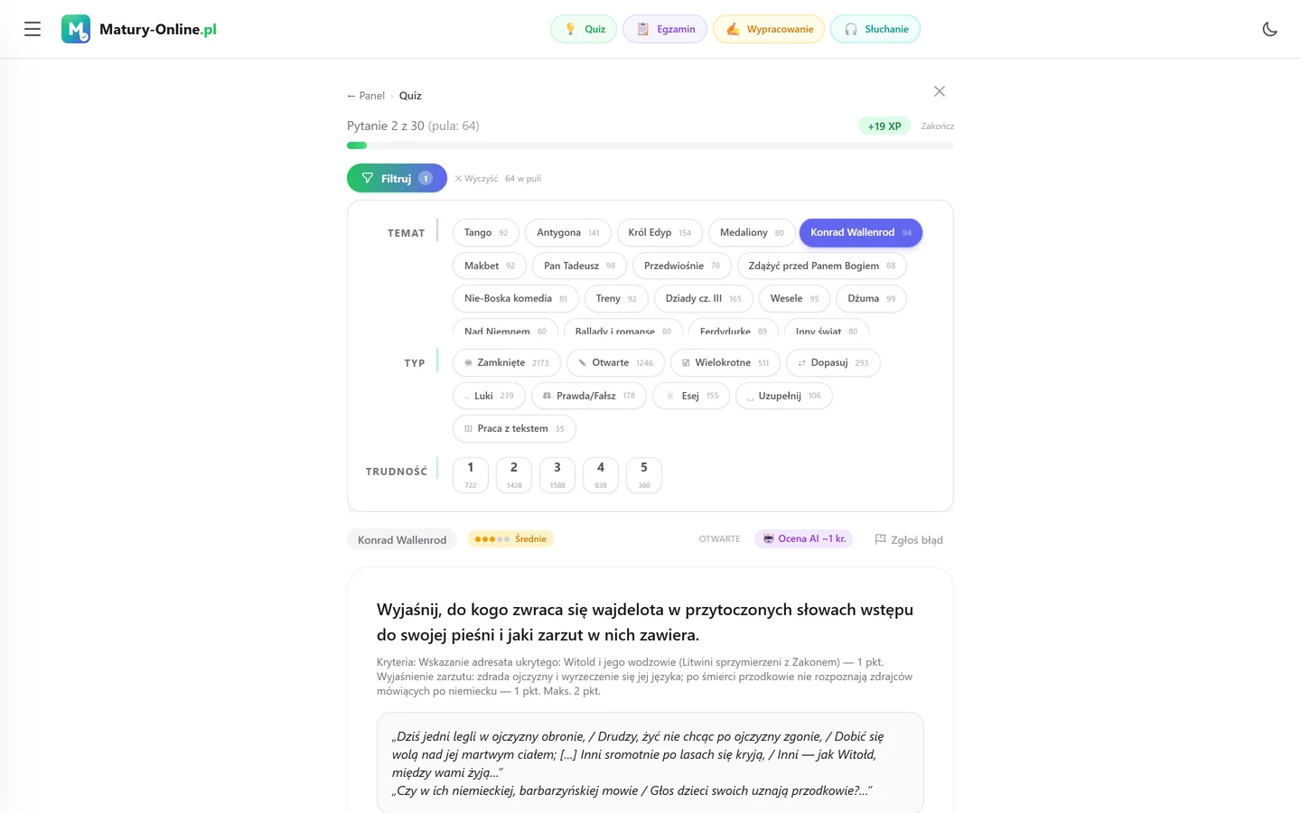 Quiz w Matury Online: panel „Filtruj” z zaznaczonym tematem „Konrad Wallenrod”, pod spodem pytanie z tego tematu