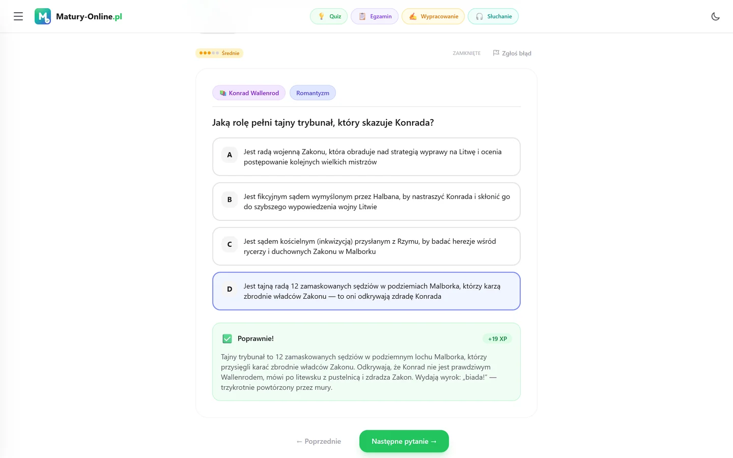 Quiz w Matury Online: pytanie z tematu „Konrad Wallenrod”
