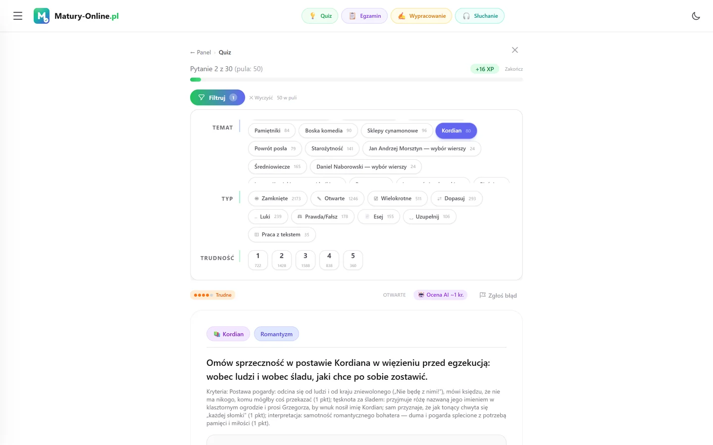 Quiz w Matury Online: panel „Filtruj” z zaznaczonym tematem „Kordian”, pod spodem pytanie z tego tematu