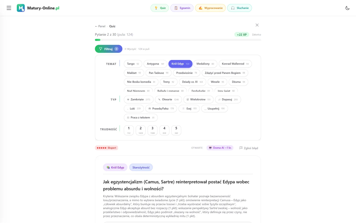 Quiz w Matury Online: panel „Filtruj” z zaznaczonym tematem „Król Edyp”, pod spodem pytanie z tego tematu
