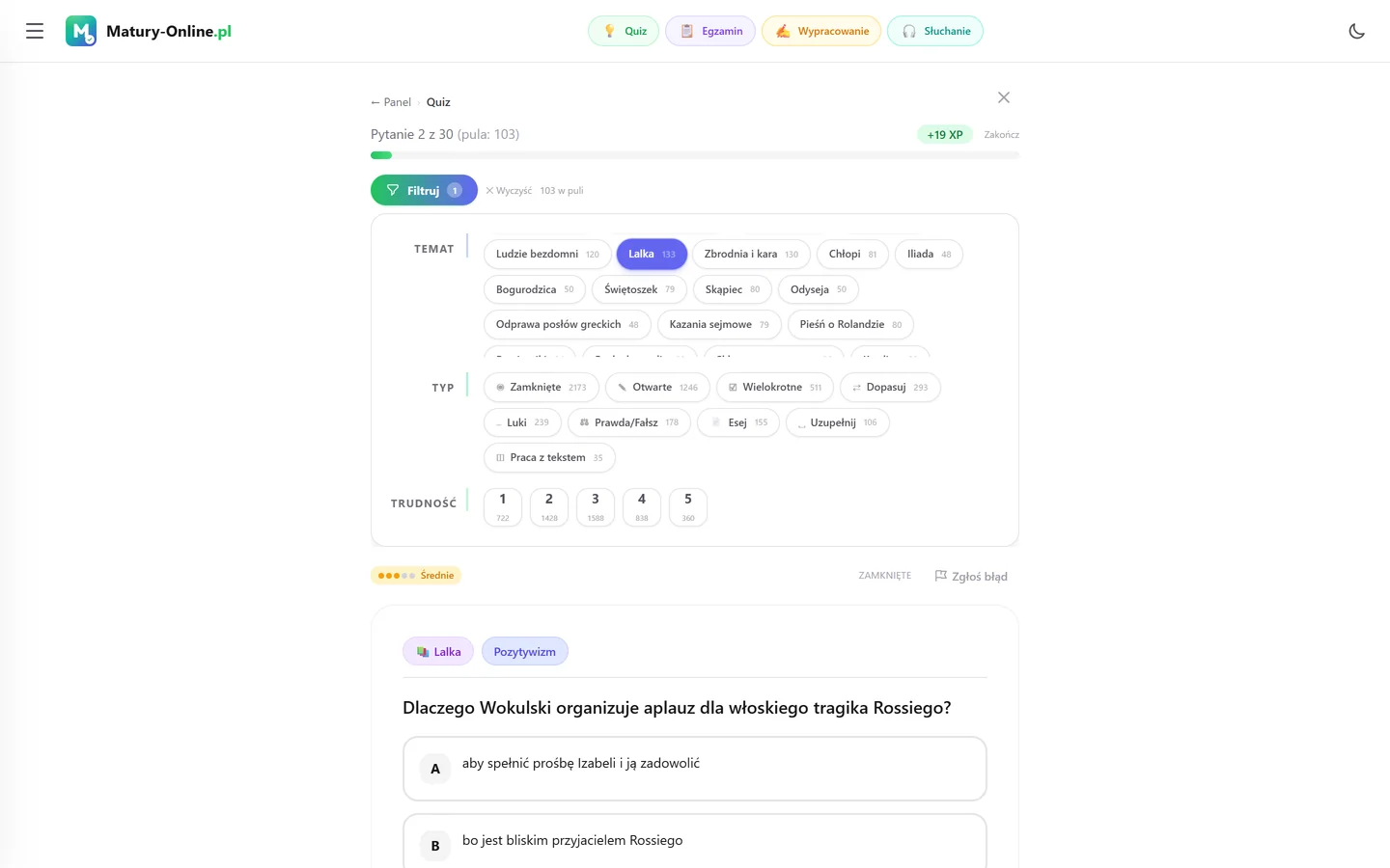 Quiz w Matury Online: panel „Filtruj” z zaznaczonym tematem „Lalka”, pod spodem pytanie z tego tematu