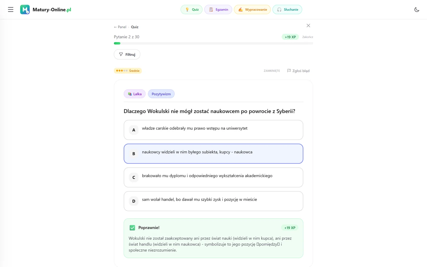Quiz w Matury Online: pytanie z tematu „Lalka”