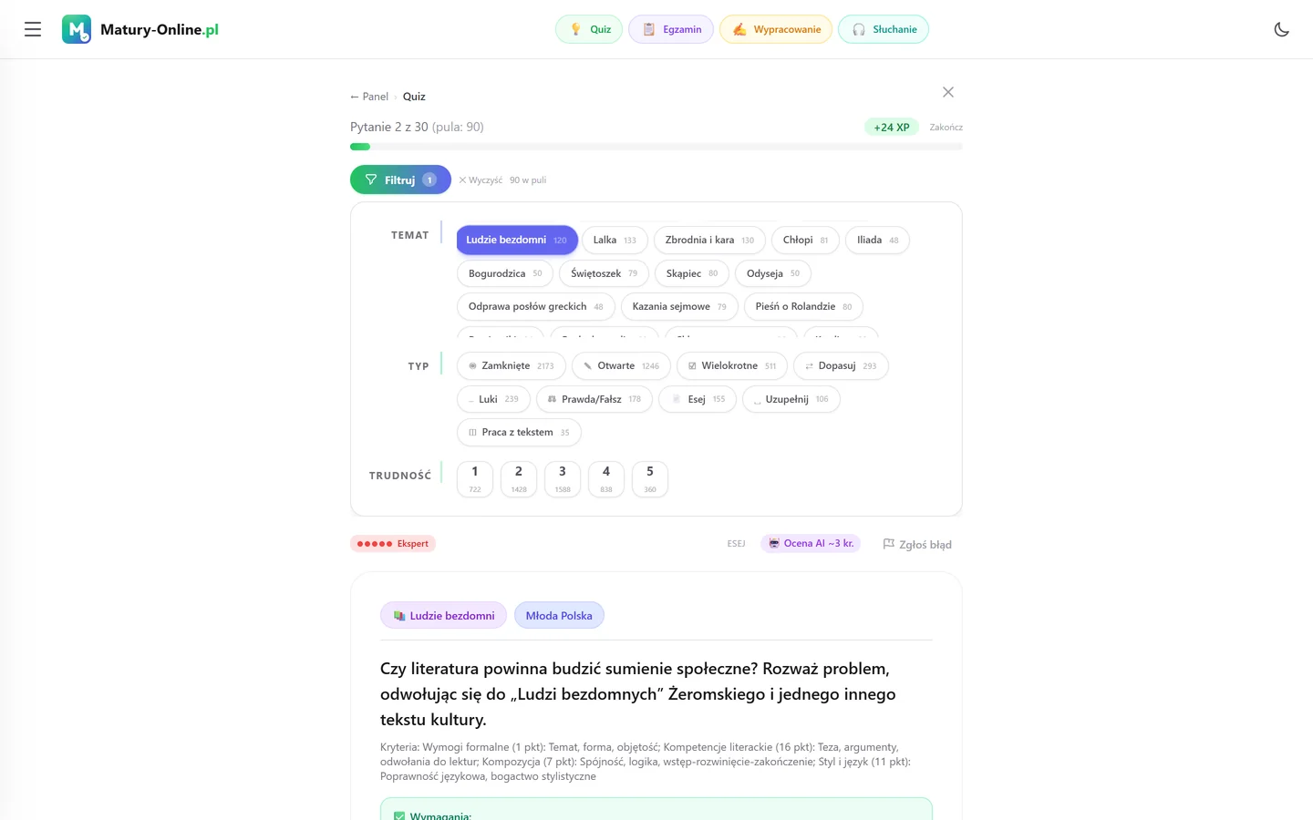 Quiz w Matury Online: panel „Filtruj” z zaznaczonym tematem „Ludzie bezdomni”, pod spodem pytanie z tego tematu