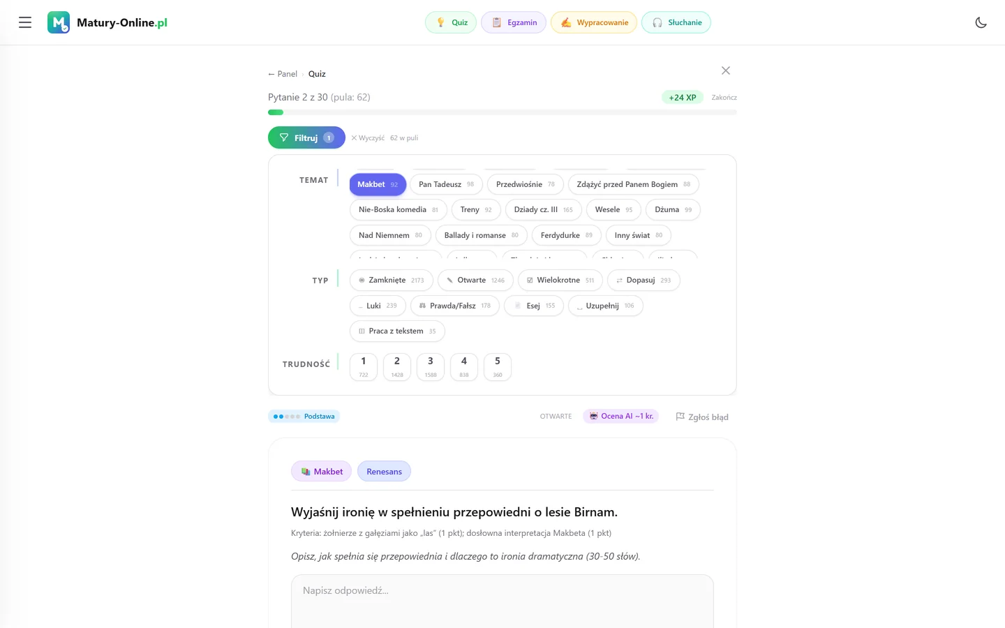 Quiz w Matury Online: panel „Filtruj” z zaznaczonym tematem „Makbet”, pod spodem pytanie z tego tematu