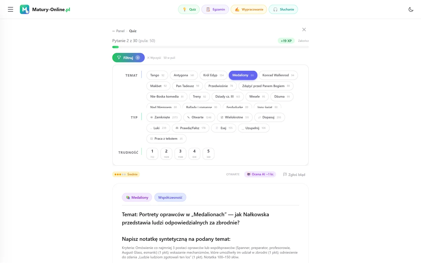 Quiz w Matury Online: panel „Filtruj” z zaznaczonym tematem „Medaliony”, pod spodem pytanie z tego tematu