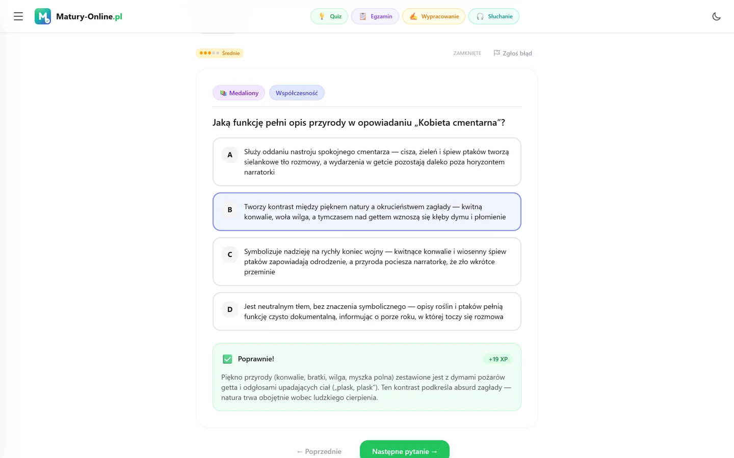 Quiz w Matury Online: pytanie z tematu „Medaliony”