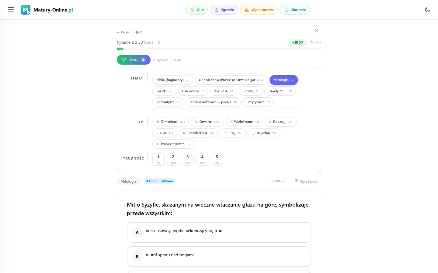 Quiz w Matury Online: panel „Filtruj” z zaznaczonym tematem „Mitologia”, pod spodem pytanie z tego tematu