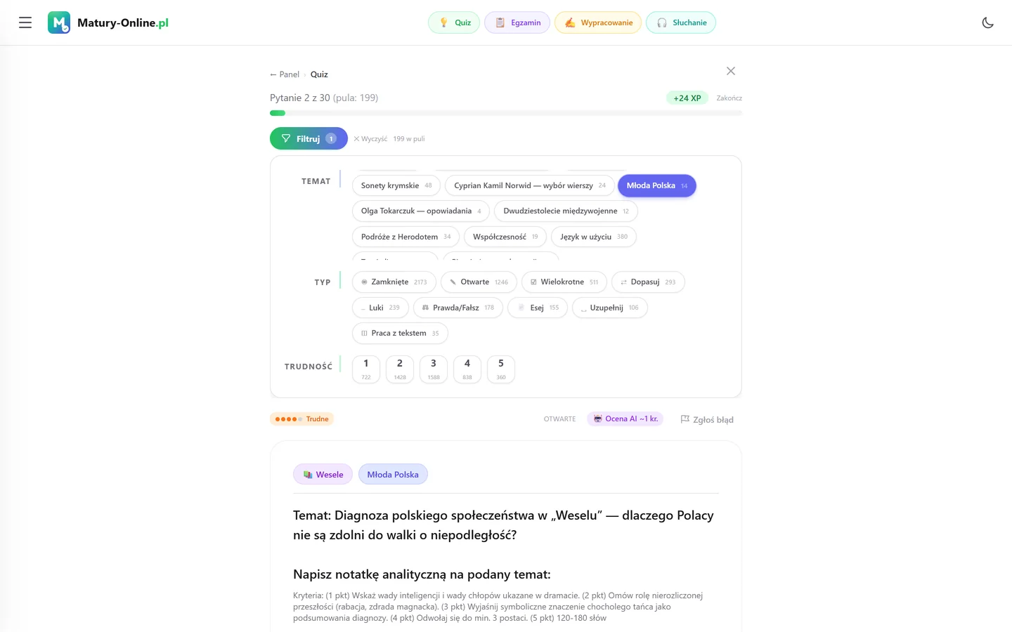 Quiz w Matury Online: panel „Filtruj” z zaznaczonym tematem „Młoda Polska”, pod spodem pytanie z tego tematu