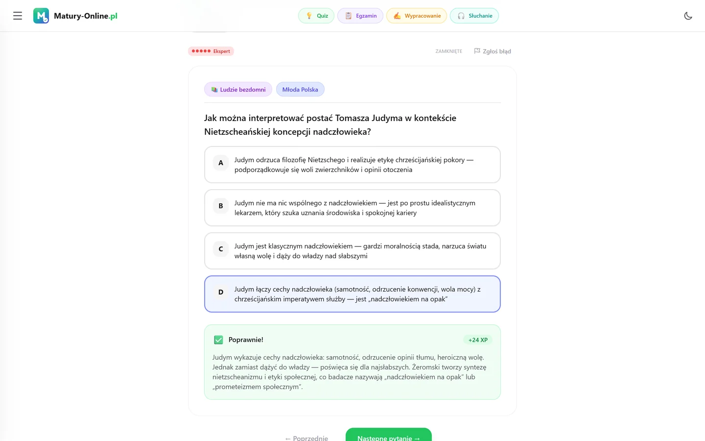 Quiz w Matury Online: pytanie z tematu „Młoda Polska”