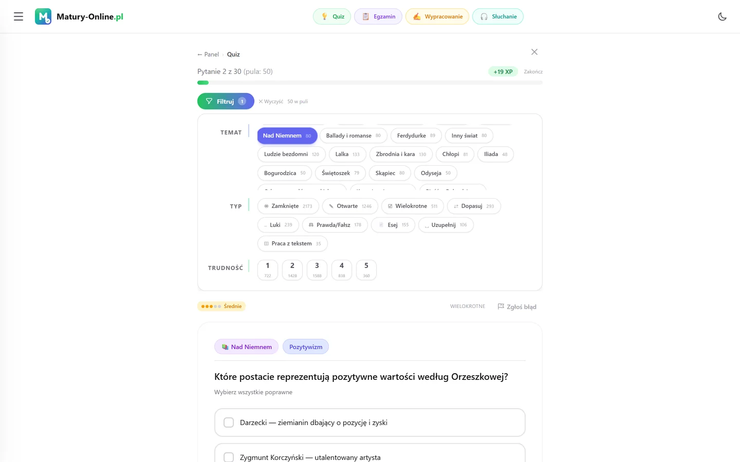 Quiz w Matury Online: panel „Filtruj” z zaznaczonym tematem „Nad Niemnem”, pod spodem pytanie z tego tematu