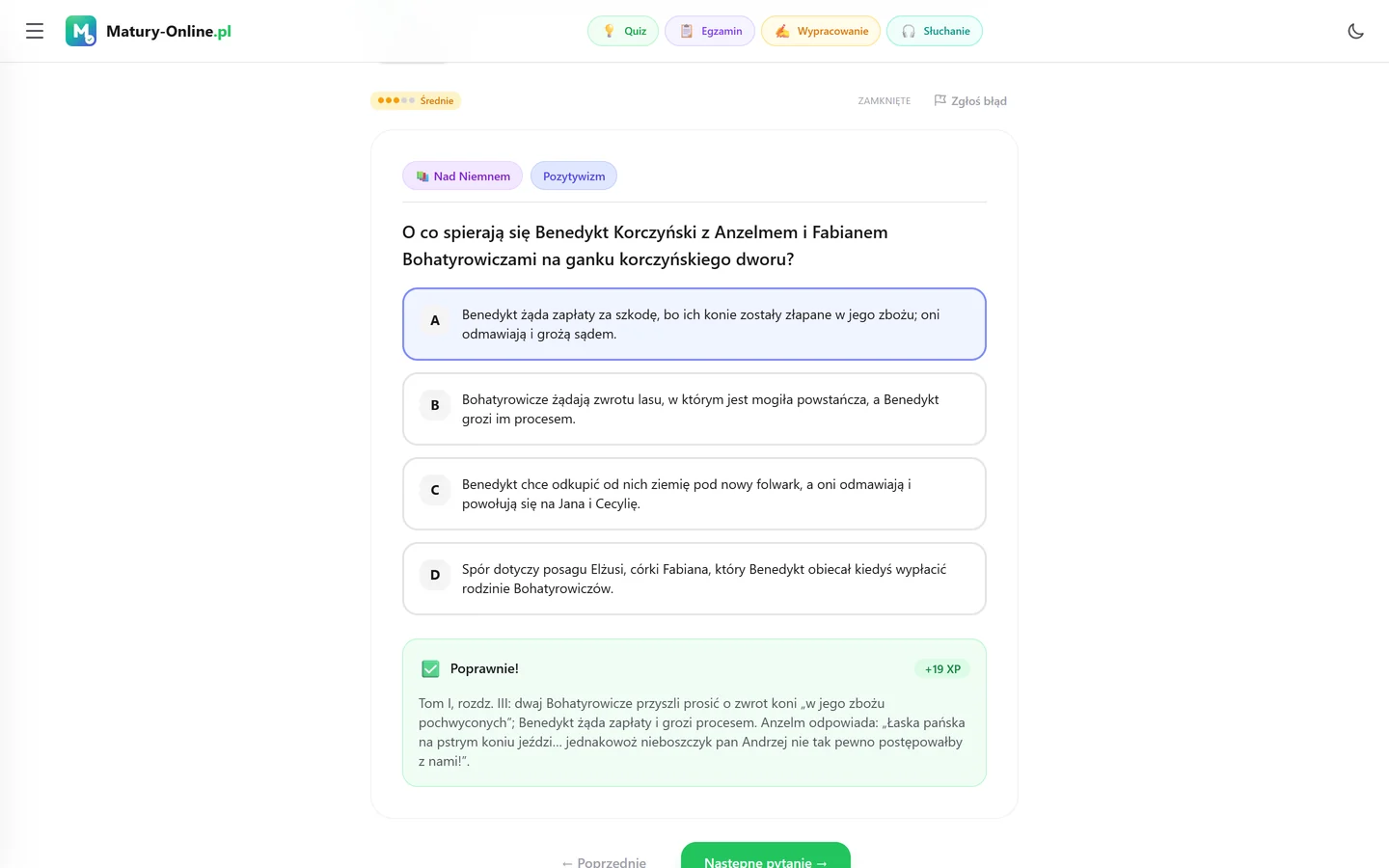 Quiz w Matury Online: pytanie z tematu „Nad Niemnem”