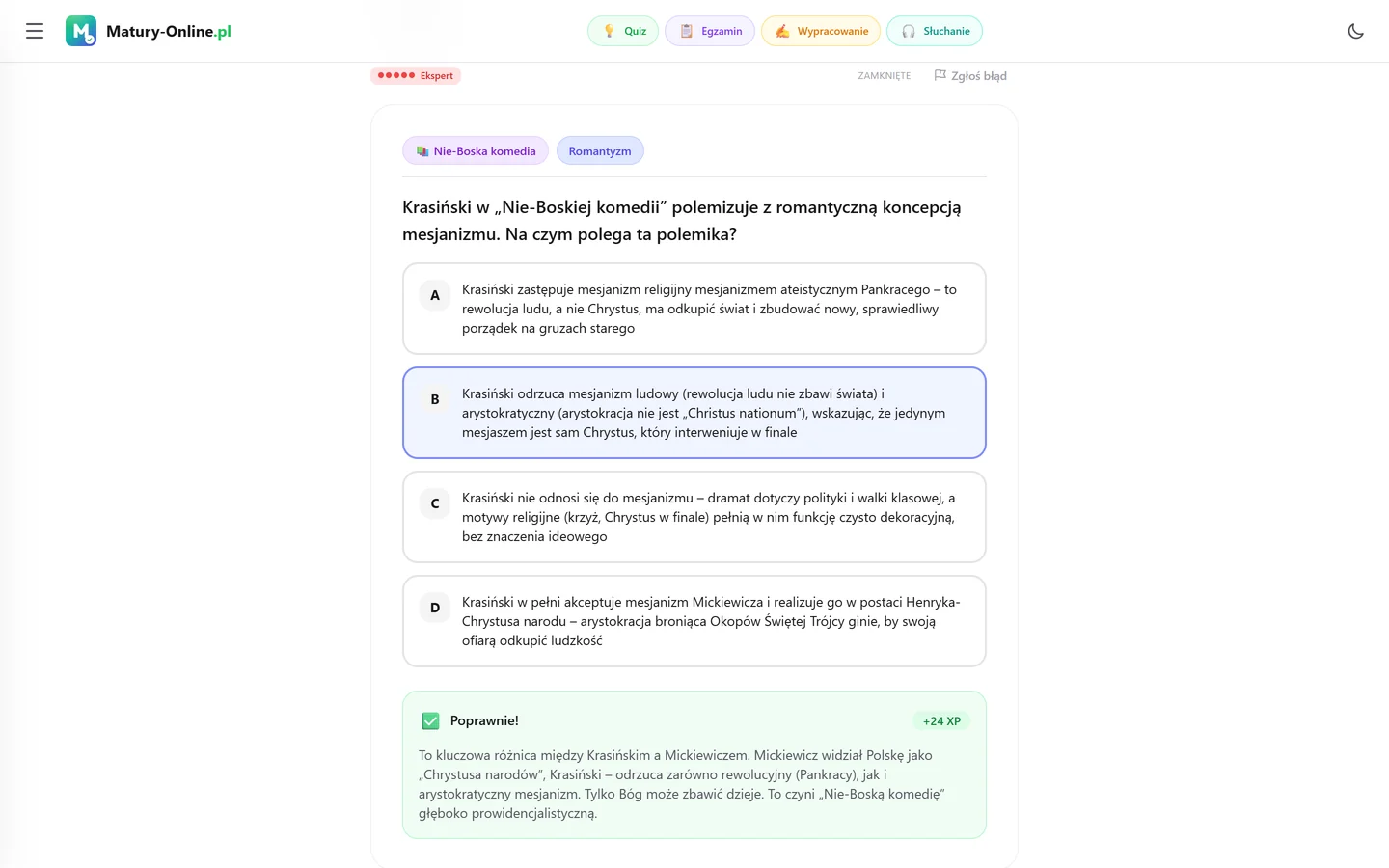 Quiz w Matury Online: pytanie z tematu „Nie-Boska komedia”