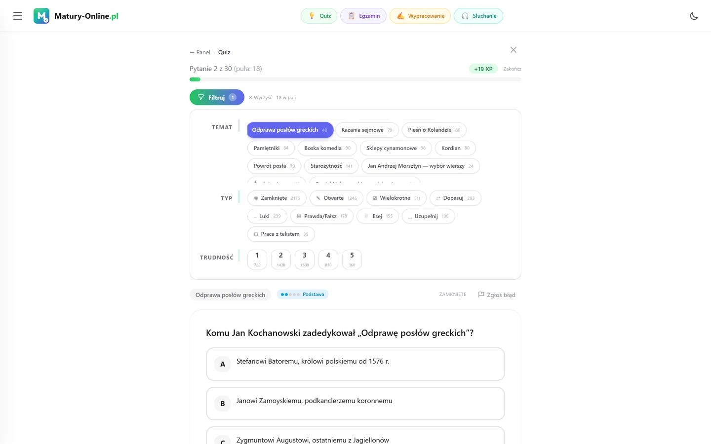 Quiz w Matury Online: panel „Filtruj” z zaznaczonym tematem „Odprawa posłów greckich”, pod spodem pytanie z tego tematu