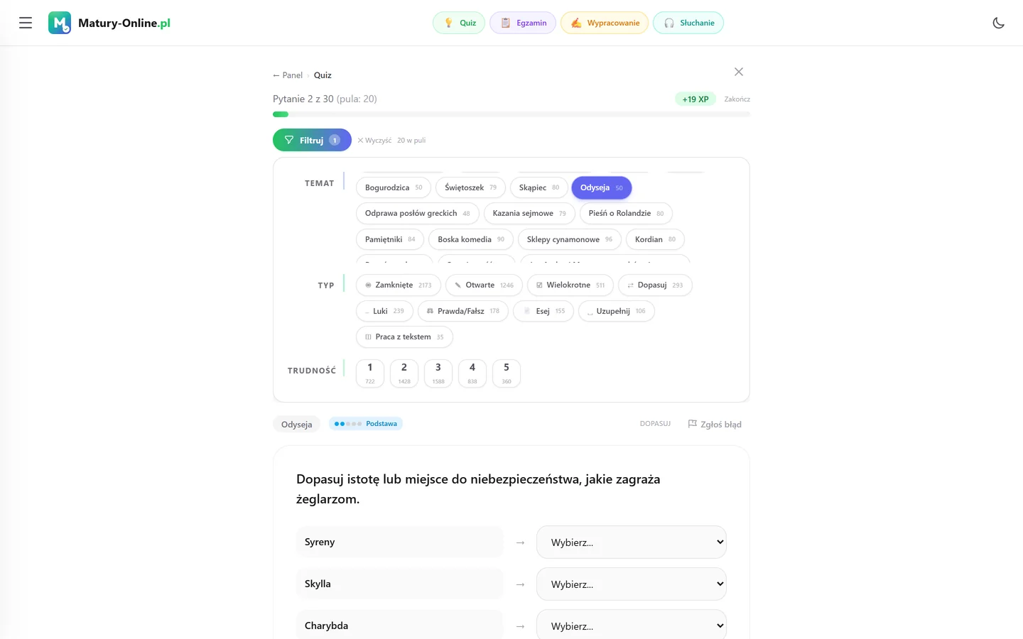 Quiz w Matury Online: panel „Filtruj” z zaznaczonym tematem „Odyseja”, pod spodem pytanie z tego tematu