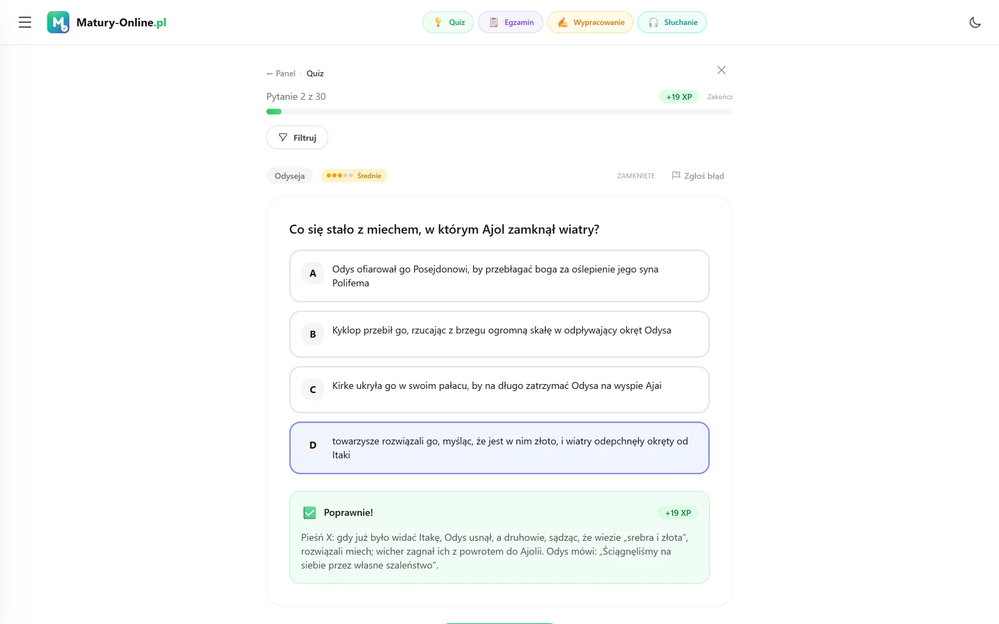 Quiz w Matury Online: pytanie z tematu „Odyseja”