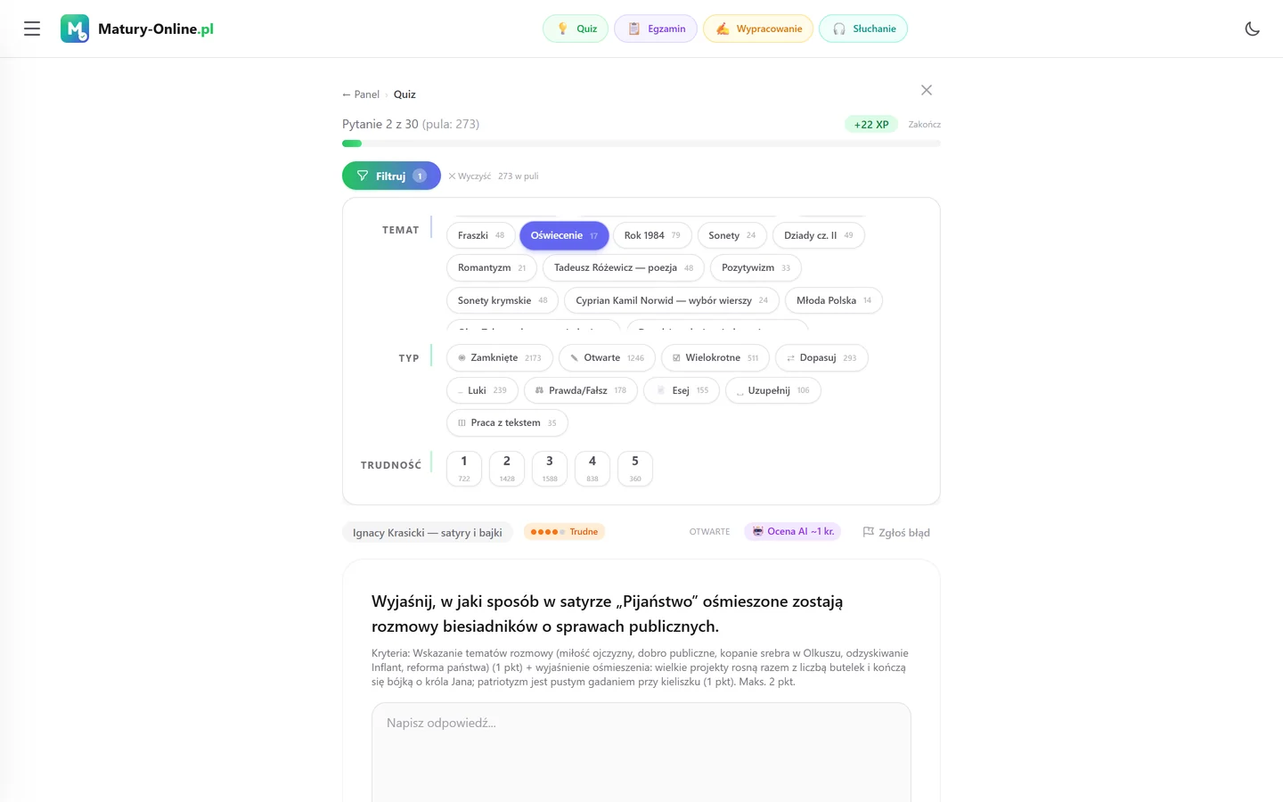 Quiz w Matury Online: panel „Filtruj” z zaznaczonym tematem „Oświecenie”, pod spodem pytanie z tego tematu