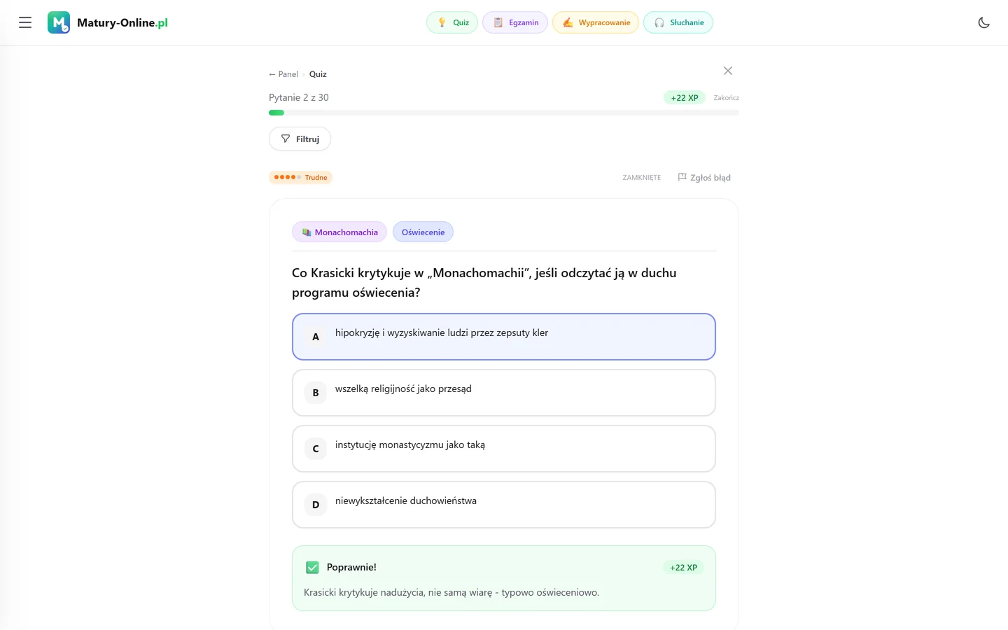 Quiz w Matury Online: pytanie z tematu „Oświecenie”