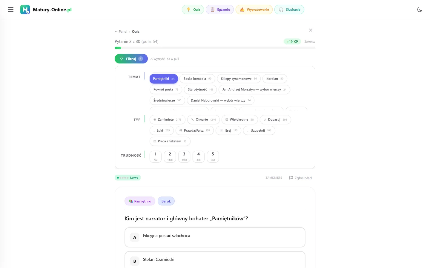 Quiz w Matury Online: panel „Filtruj” z zaznaczonym tematem „Pamiętniki Paska”, pod spodem pytanie z tego tematu
