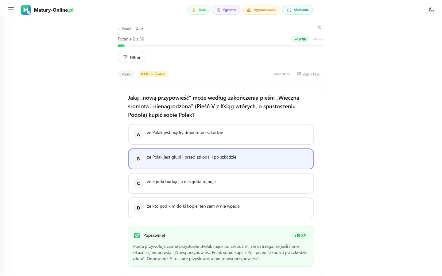 Quiz w Matury Online: pytanie z tematu „Pieśni Kochanowskiego”