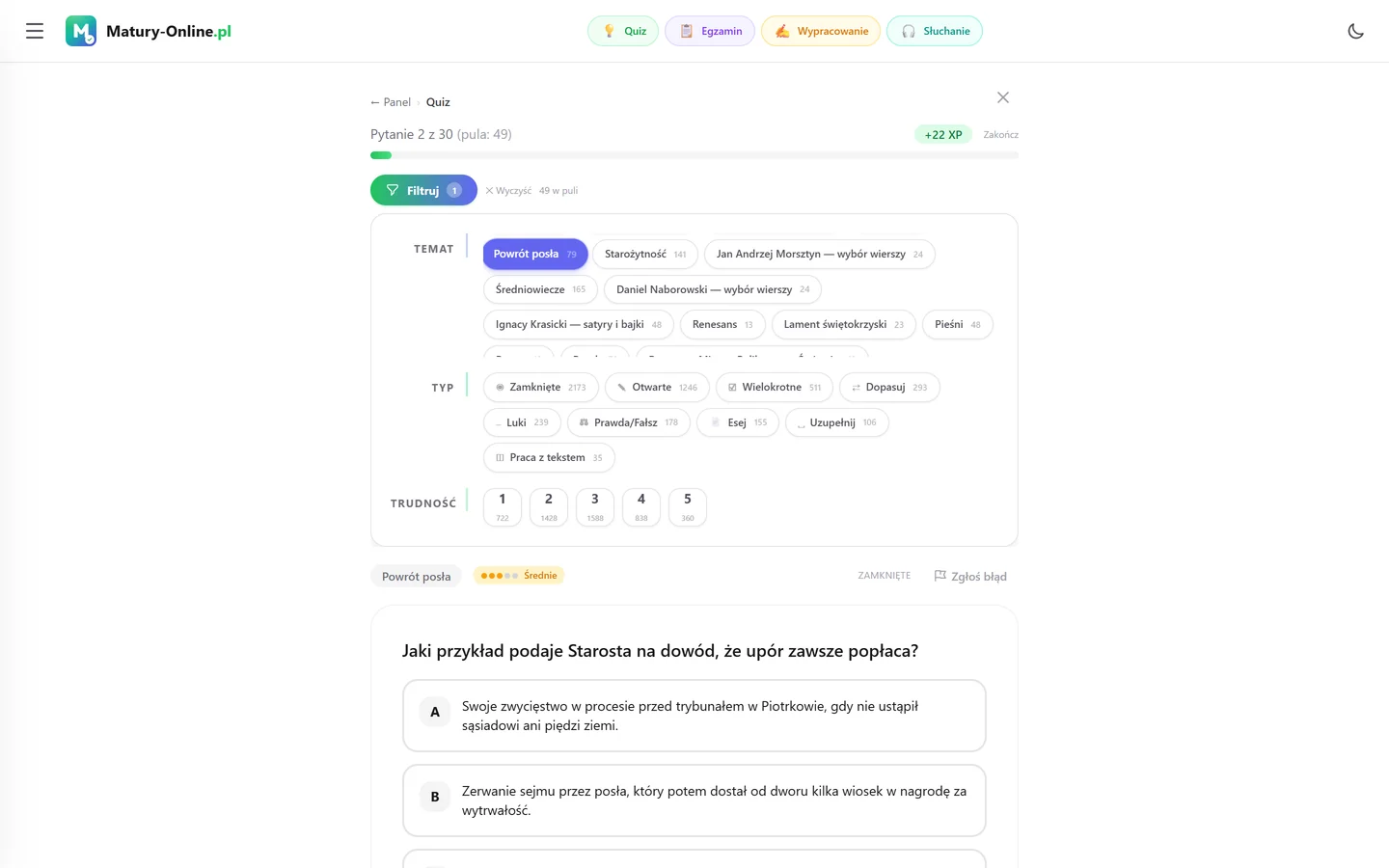Quiz w Matury Online: panel „Filtruj” z zaznaczonym tematem „Powrót posła”, pod spodem pytanie z tego tematu