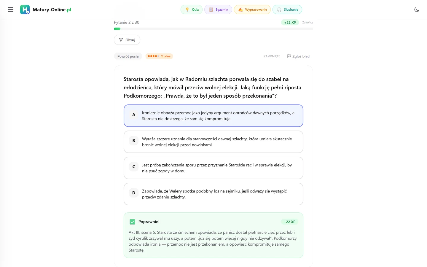 Quiz w Matury Online: pytanie z tematu „Powrót posła”
