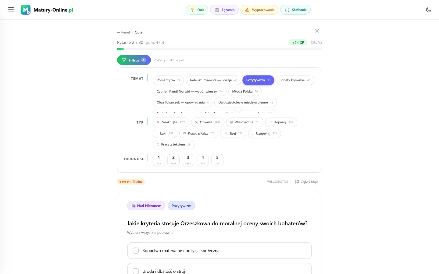 Quiz w Matury Online: panel „Filtruj” z zaznaczonym tematem „Pozytywizm”, pod spodem pytanie z tego tematu