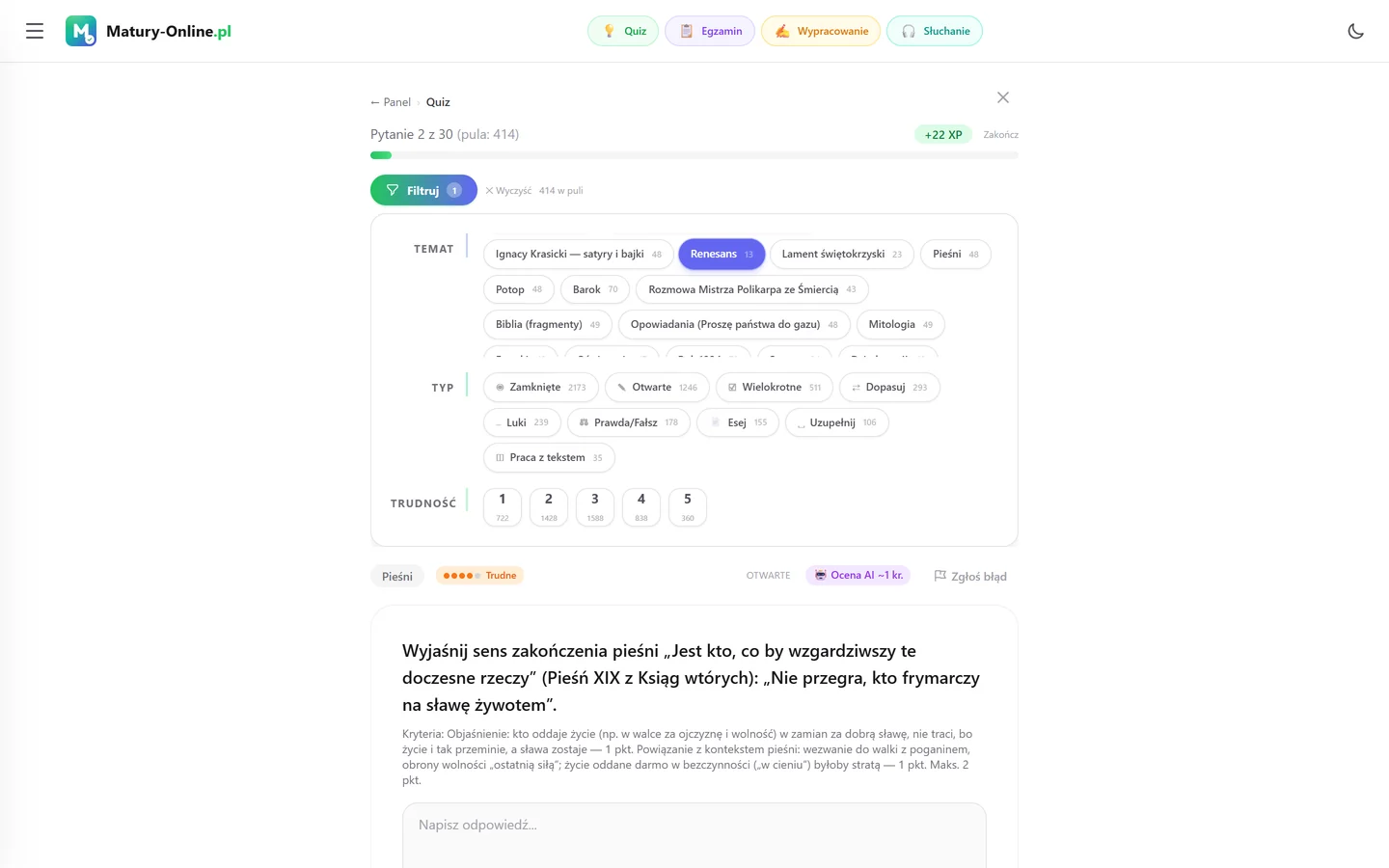 Quiz w Matury Online: panel „Filtruj” z zaznaczonym tematem „Renesans”, pod spodem pytanie z tego tematu