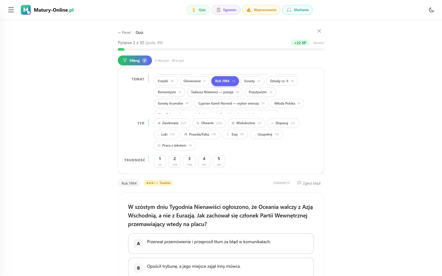 Quiz w Matury Online: panel „Filtruj” z zaznaczonym tematem „Rok 1984”, pod spodem pytanie z tego tematu