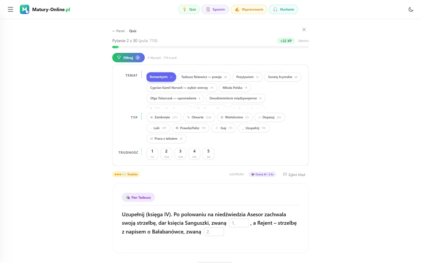 Quiz w Matury Online: panel „Filtruj” z zaznaczonym tematem „Romantyzm”, pod spodem pytanie z tego tematu