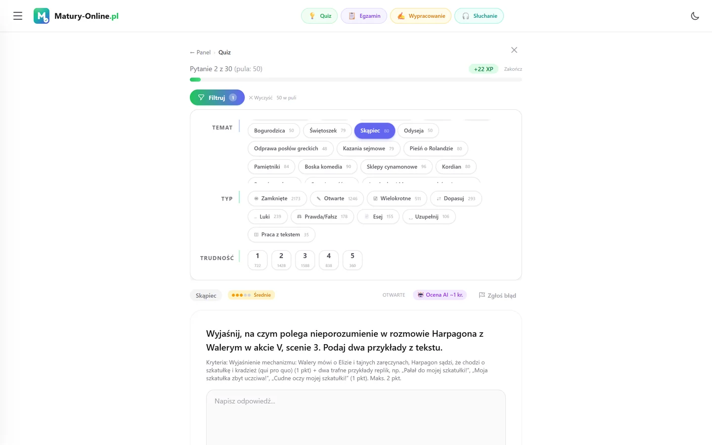 Quiz w Matury Online: panel „Filtruj” z zaznaczonym tematem „Skąpiec”, pod spodem pytanie z tego tematu