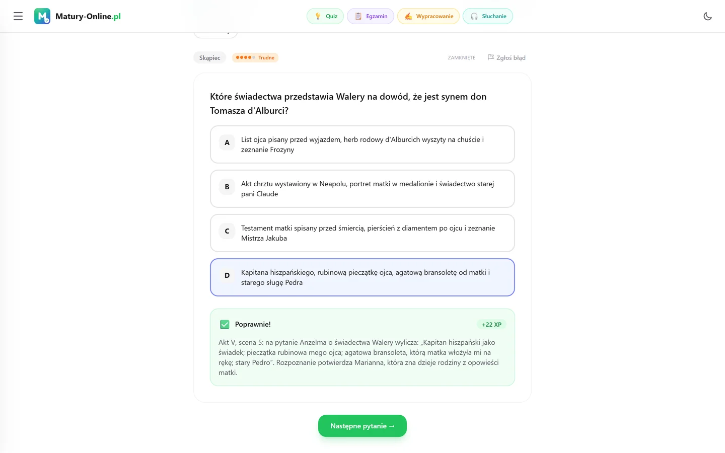 Quiz w Matury Online: pytanie z tematu „Skąpiec”