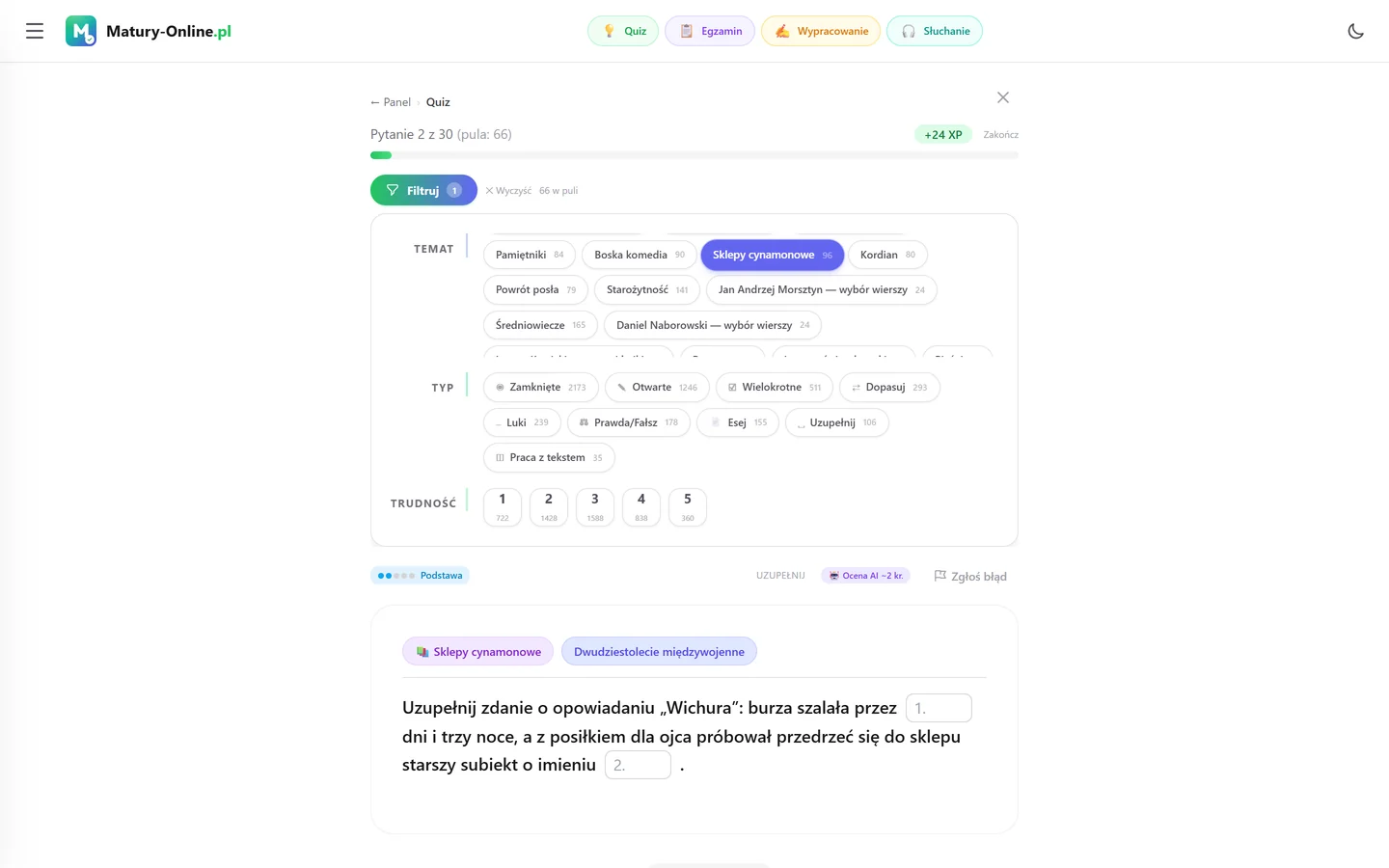 Quiz w Matury Online: panel „Filtruj” z zaznaczonym tematem „Sklepy cynamonowe”, pod spodem pytanie z tego tematu
