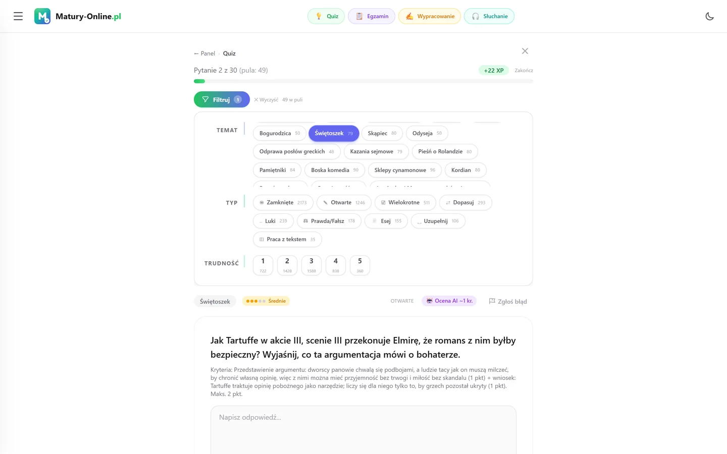 Quiz w Matury Online: panel „Filtruj” z zaznaczonym tematem „Świętoszek”, pod spodem pytanie z tego tematu