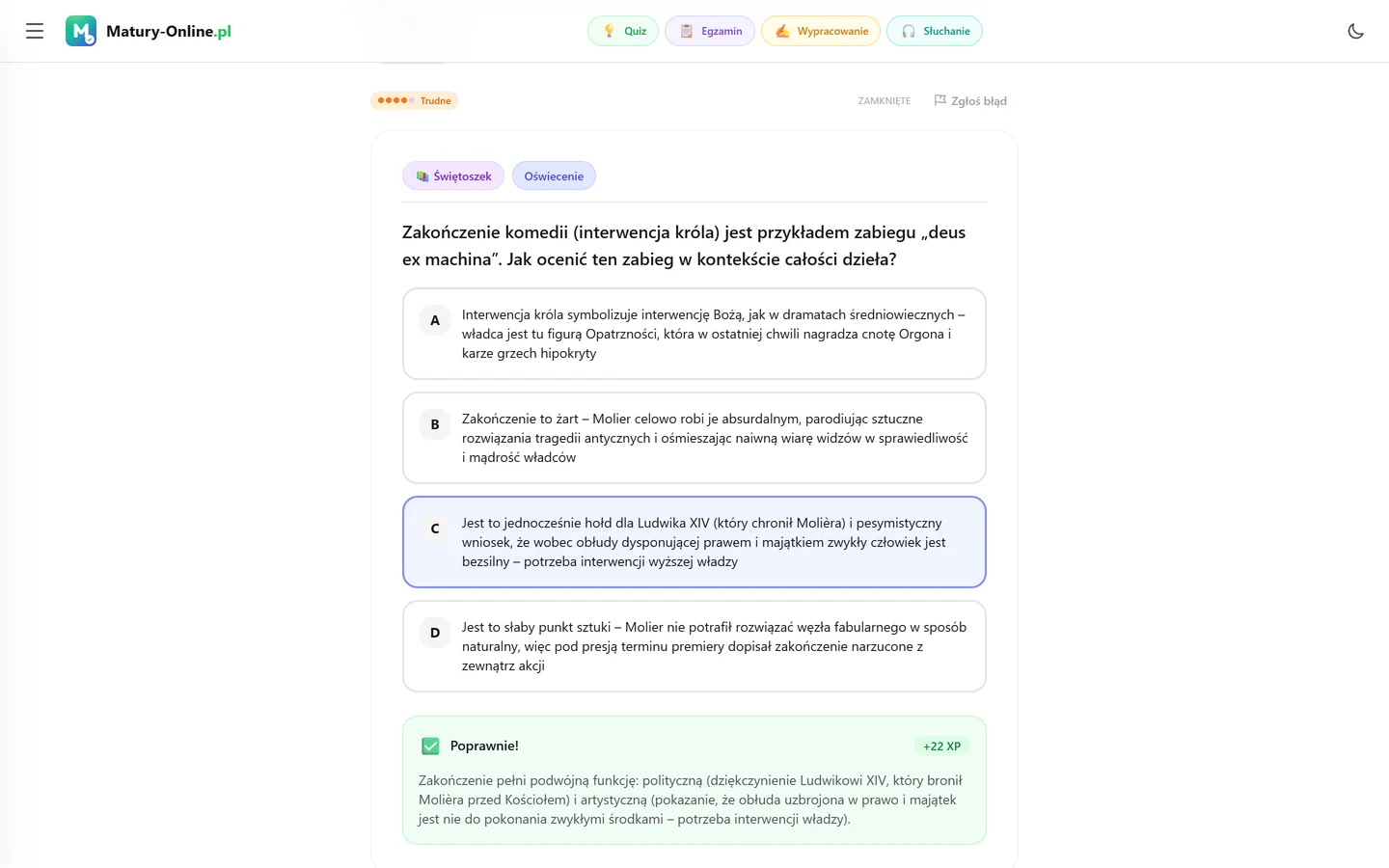 Quiz w Matury Online: pytanie z tematu „Świętoszek”