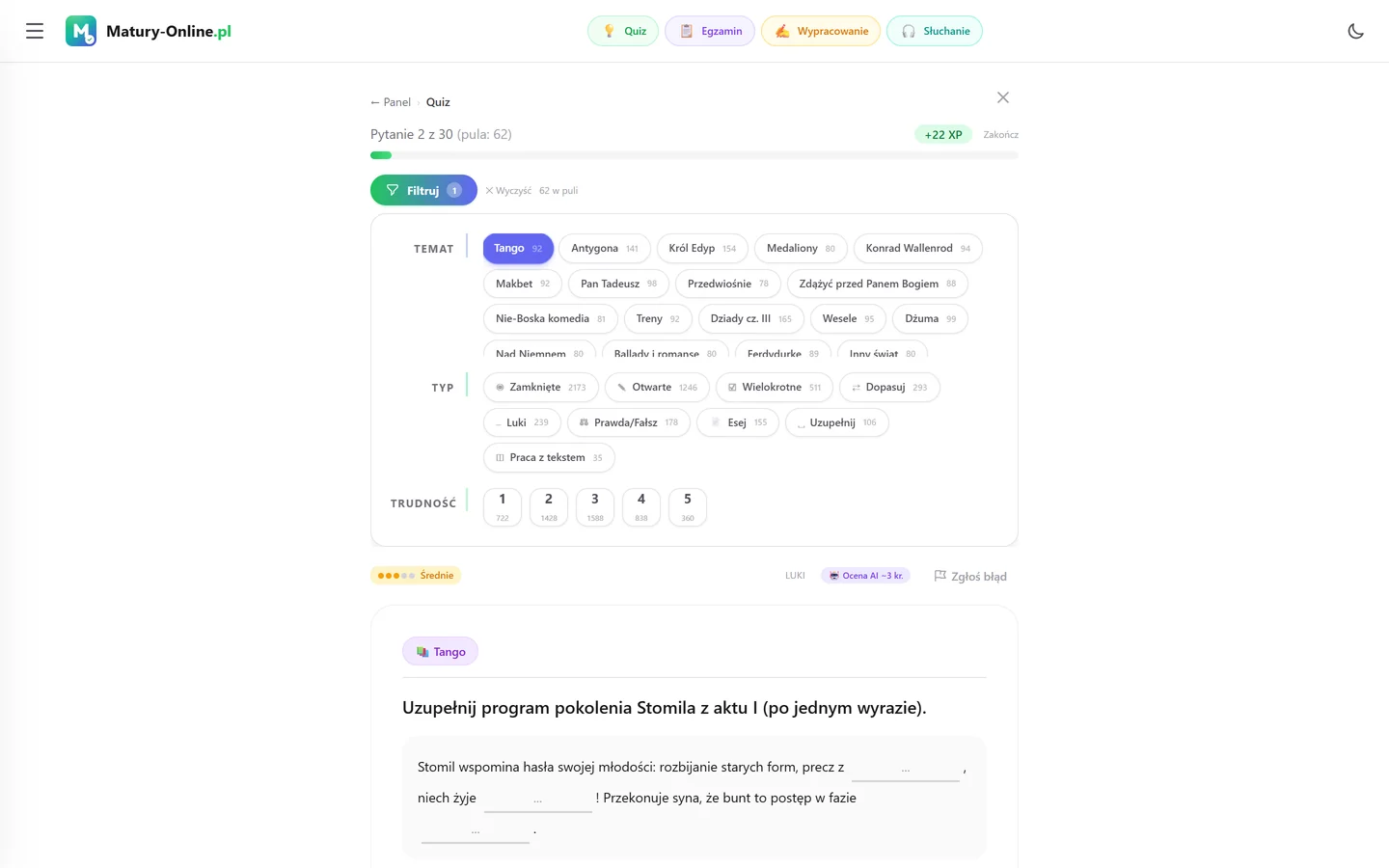 Quiz w Matury Online: panel „Filtruj” z zaznaczonym tematem „Tango”, pod spodem pytanie z tego tematu