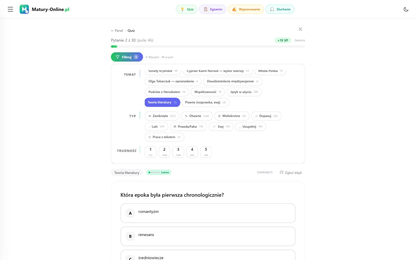 Quiz w Matury Online: panel „Filtruj” z zaznaczonym tematem „Teoria literatury”, pod spodem pytanie z tego tematu