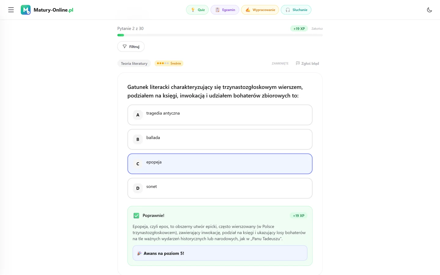 Quiz w Matury Online: pytanie z tematu „Teoria literatury”