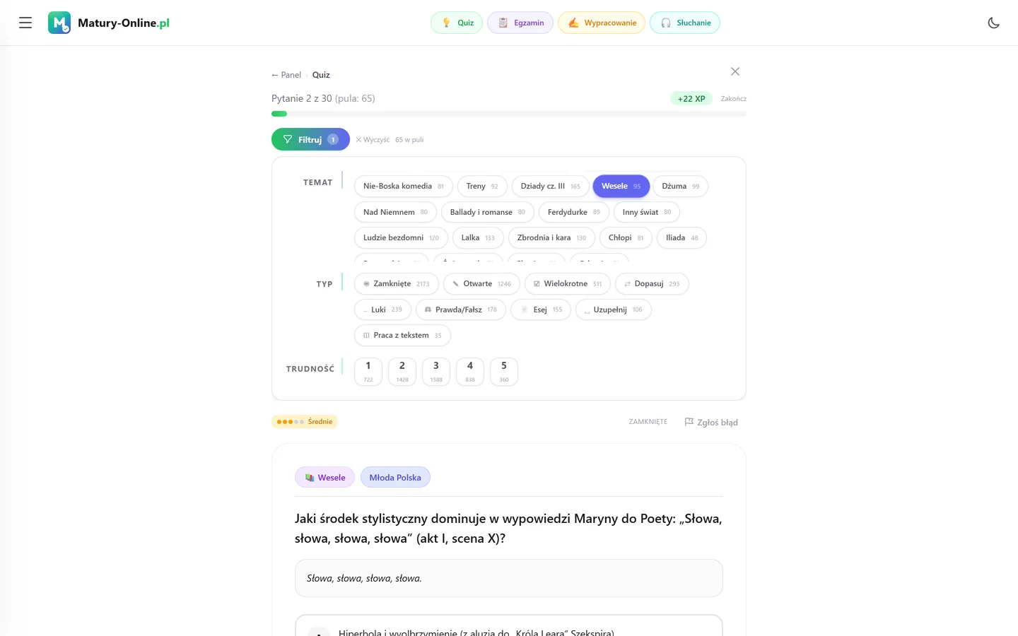Quiz w Matury Online: panel „Filtruj” z zaznaczonym tematem „Wesele”, pod spodem pytanie z tego tematu