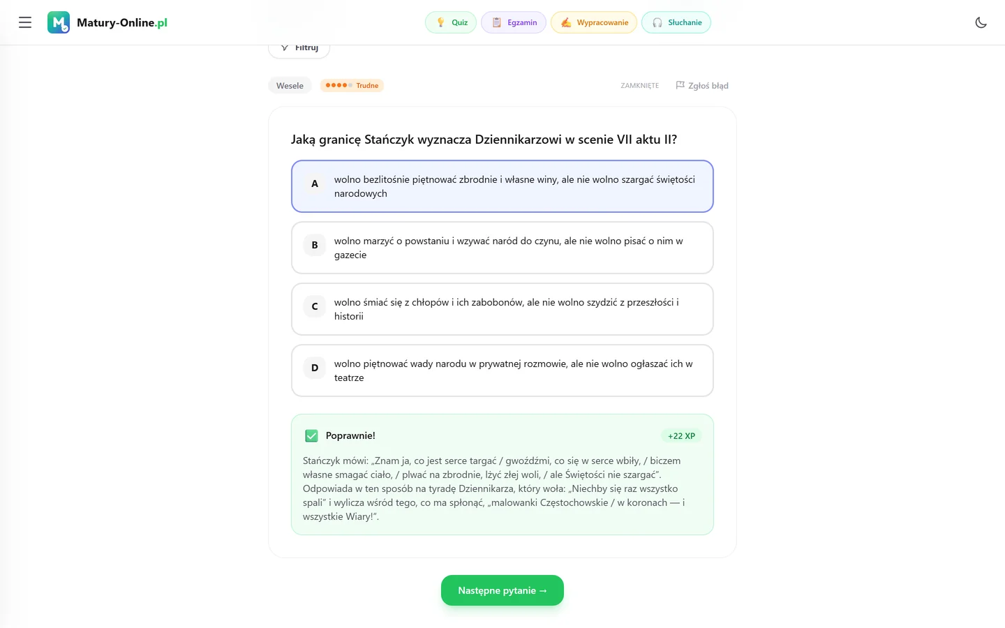 Quiz w Matury Online: pytanie z tematu „Wesele”