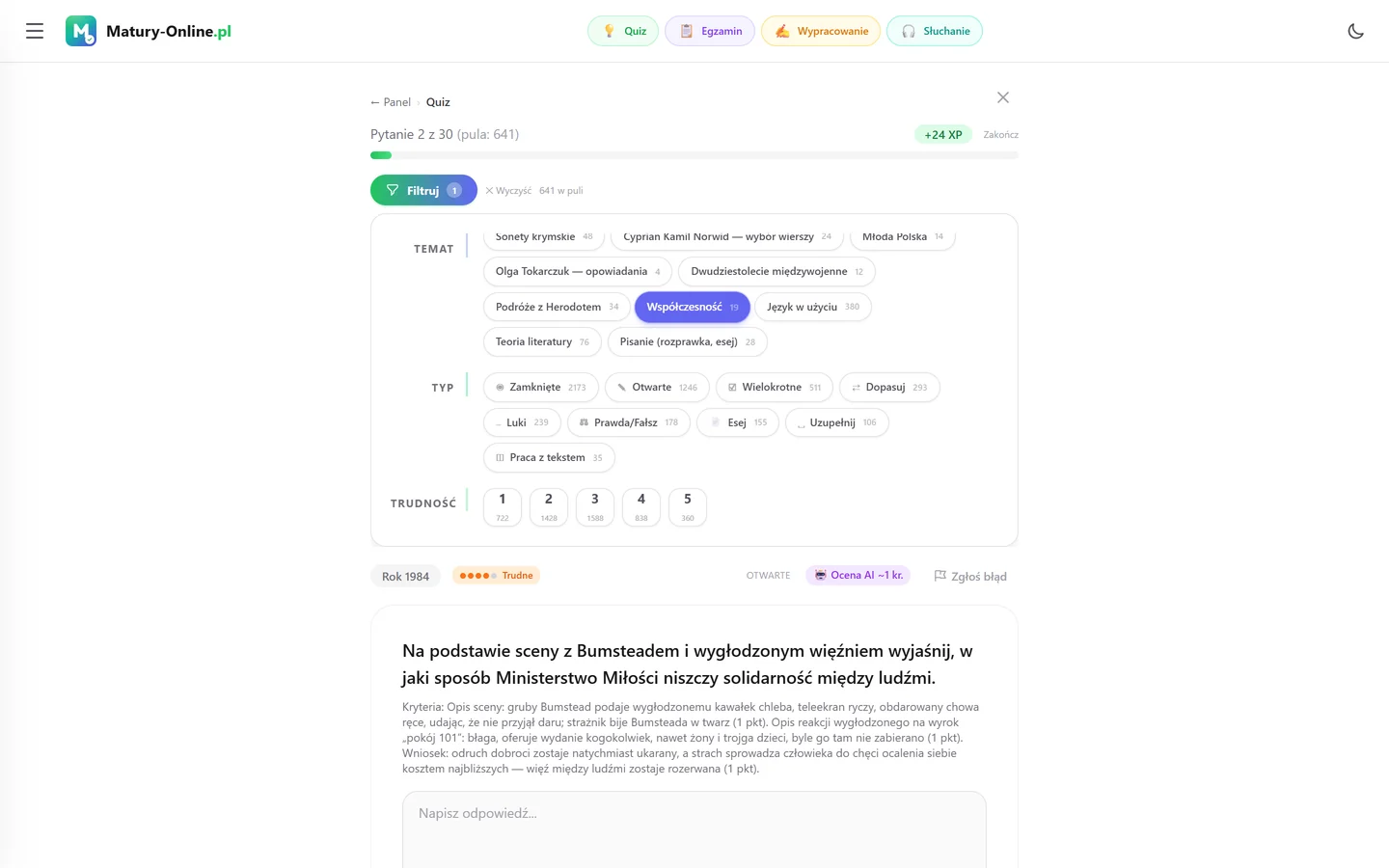 Quiz w Matury Online: panel „Filtruj” z zaznaczonym tematem „Współczesność”, pod spodem pytanie z tego tematu