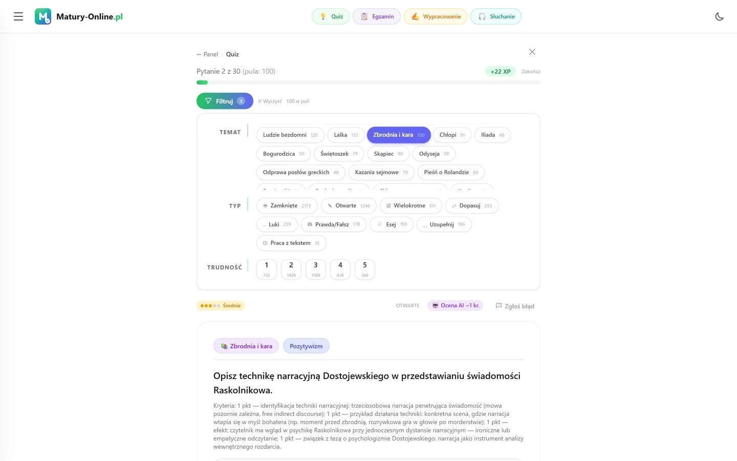Quiz w Matury Online: panel „Filtruj” z zaznaczonym tematem „Zbrodnia i kara”, pod spodem pytanie z tego tematu